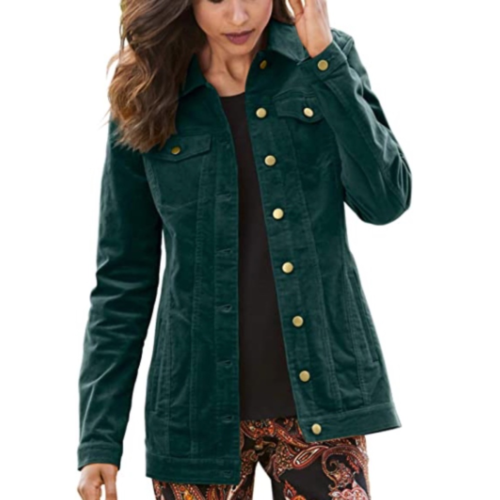 NWT Corduroy Jean Jacket Pine Green Small 28" Long Stretch Cotton TravelSmith
